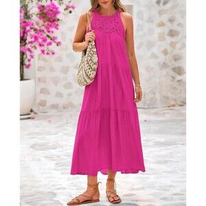 BTFBM Women's Pink Crochet Halter Sleeveless Maxi Dress Size L